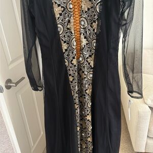 Black Long-Sleeve Pakistani Dress with Gold Embellished Front Panel
